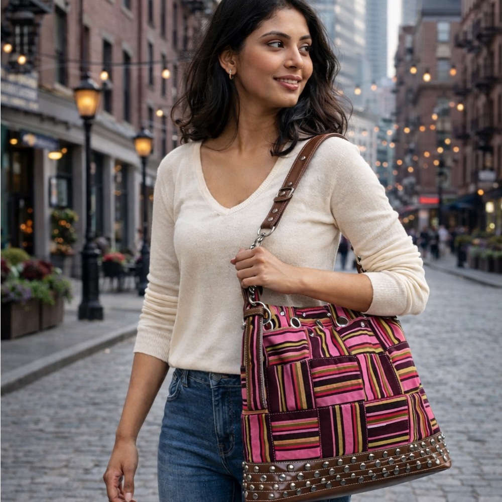 Pink Striped Vegan Leather Studded Bag Rhinestone Glam |Statement Purse Like New - Picture 16 of 17